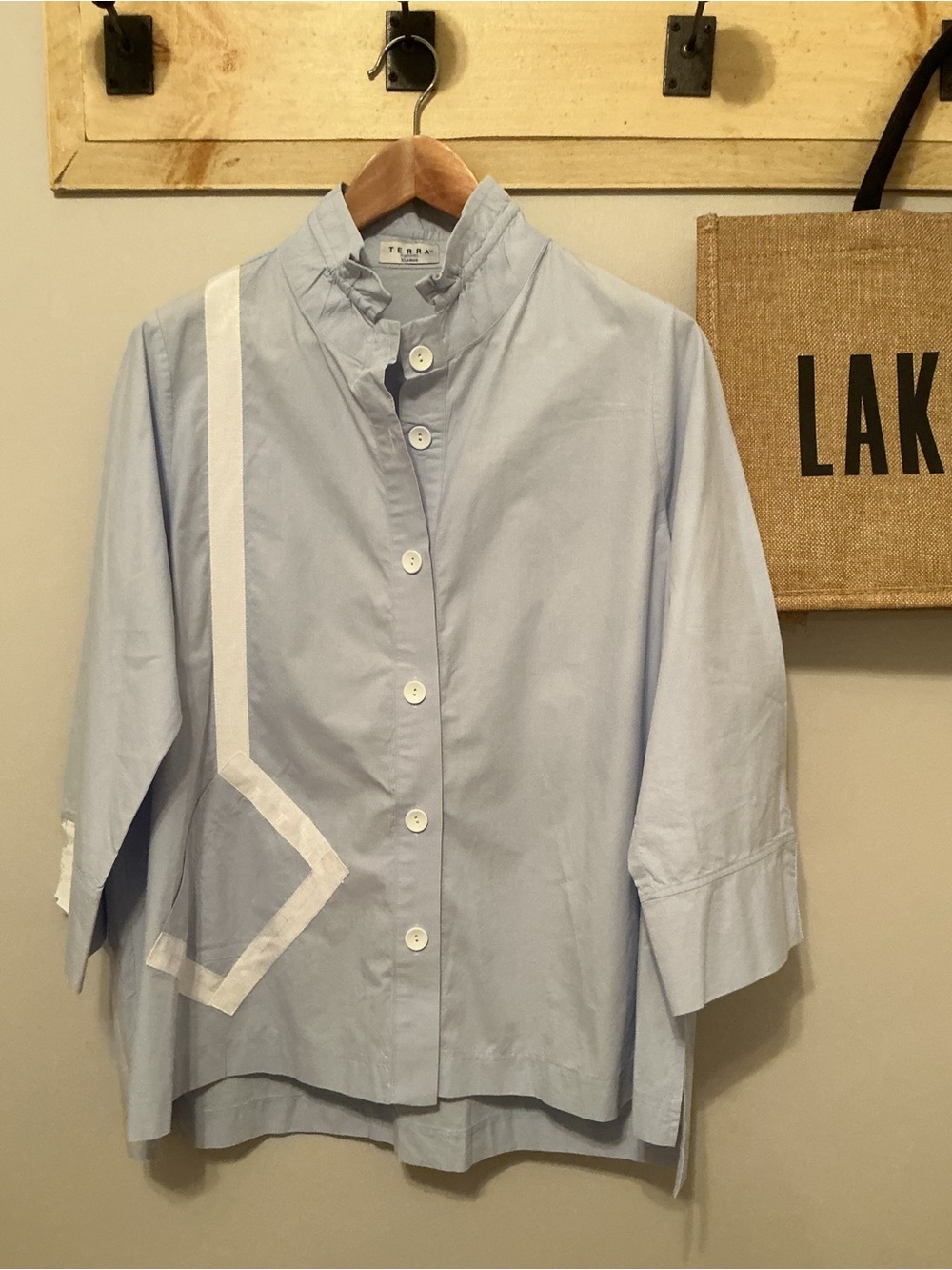 Terra SJ Apparel Sky Blue Button-Up Blouse with White Grosgrain Trim, XL